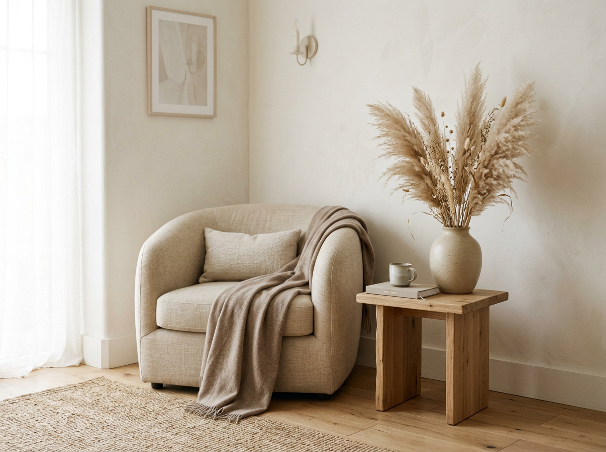A calm beige interior with a linen armchair and dried pampas grass