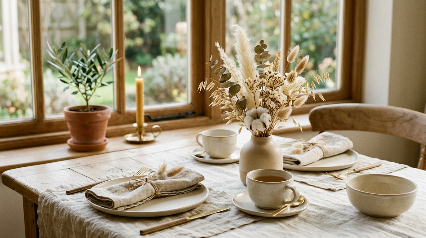 A softly styled neutral table setting with linen, ceramics and dried flowers
