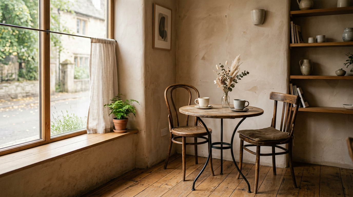A softly lit cafe corner with neutral palette and soft natural light