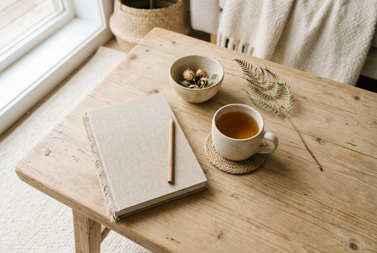 An overhead flat lay of a softly styled neutral coffee table
